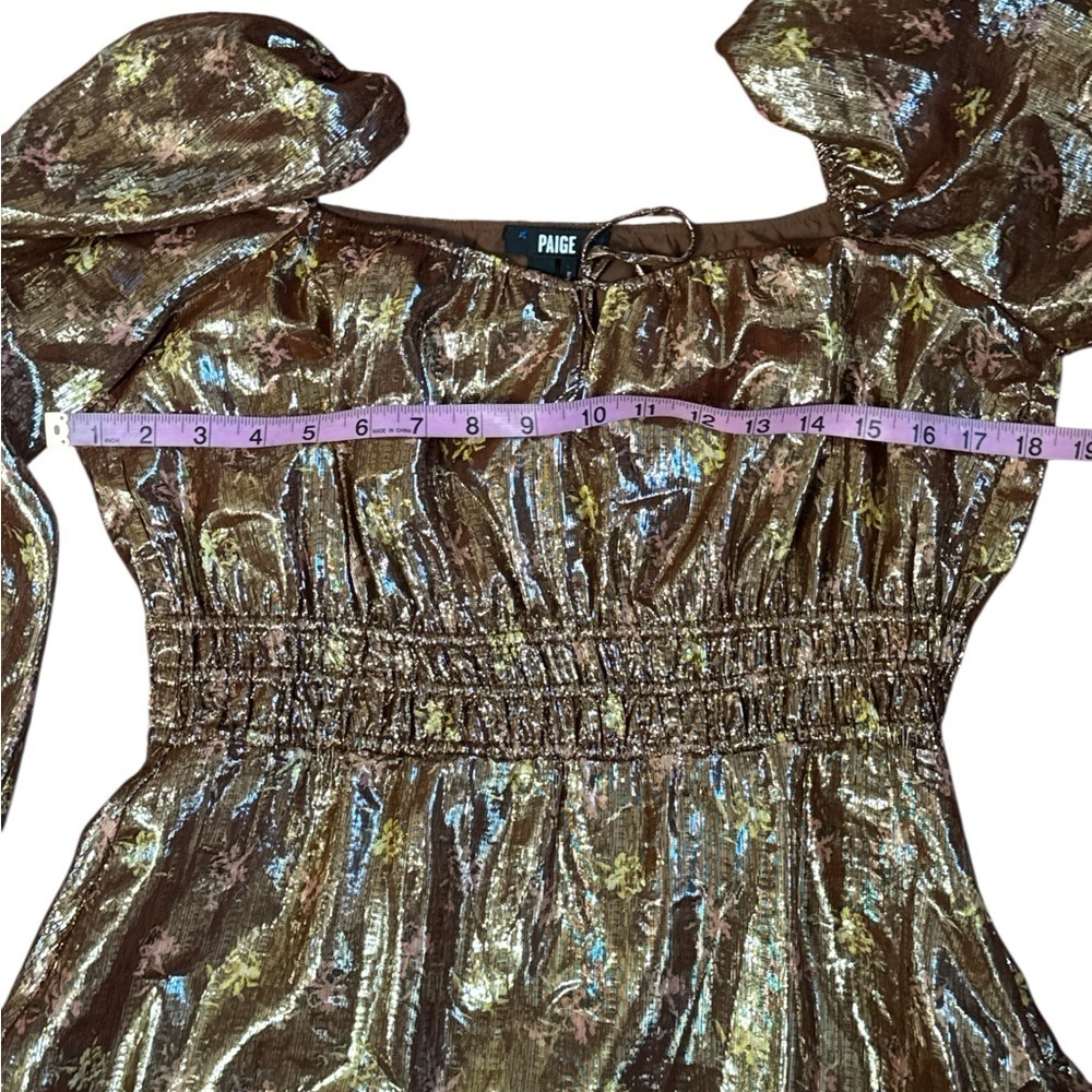 PAIGE Metallic Silk Blend Puff Sleeve Mini Dress Gold Bronze Ruffle Hem - Picture 9 of 10